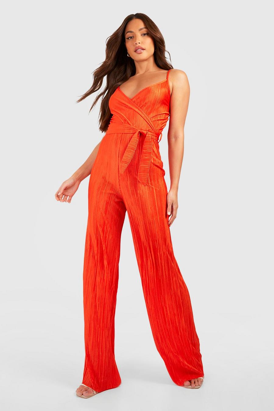 Orange Tall Plisserad jumpsuit med omlott och vida ben