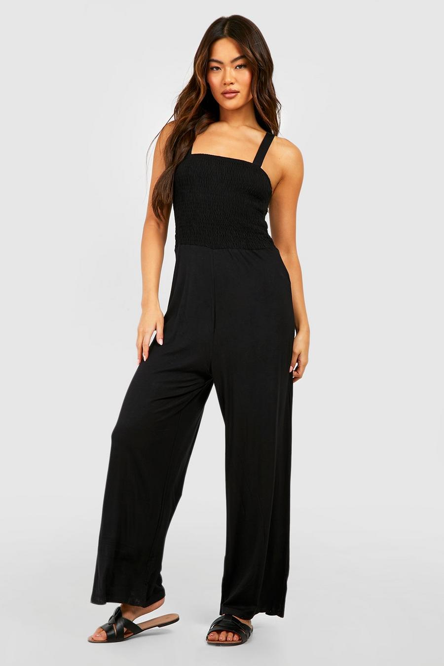 Black Strappy Shirred Top Jumpsuit