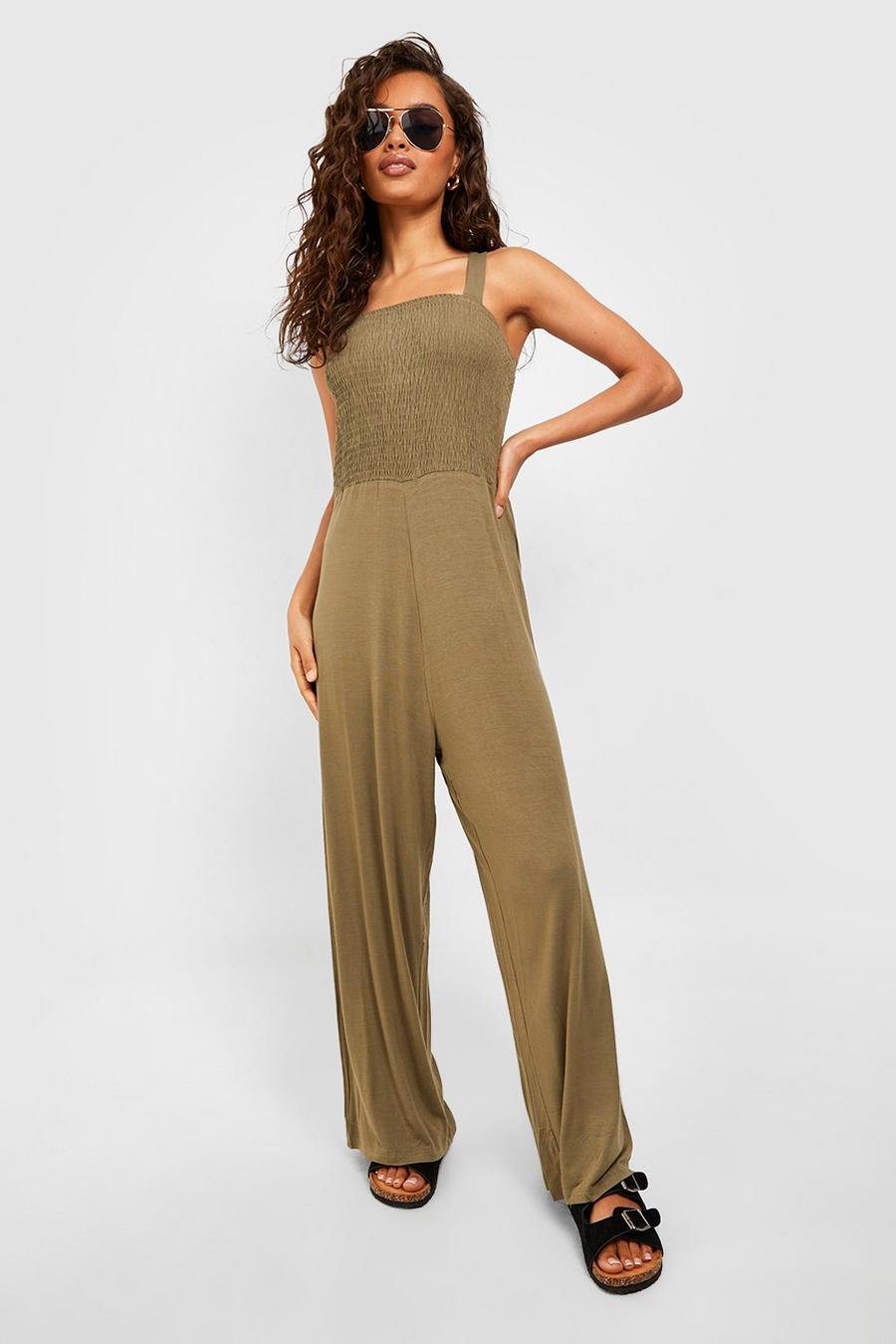 Khaki Strappy Shirred Top Jumpsuit