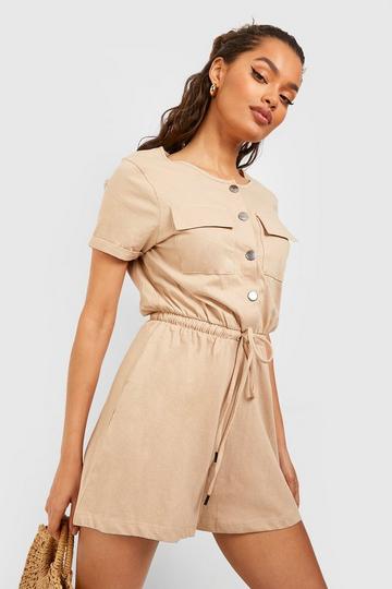 Button Front Tie Waist Romper nude