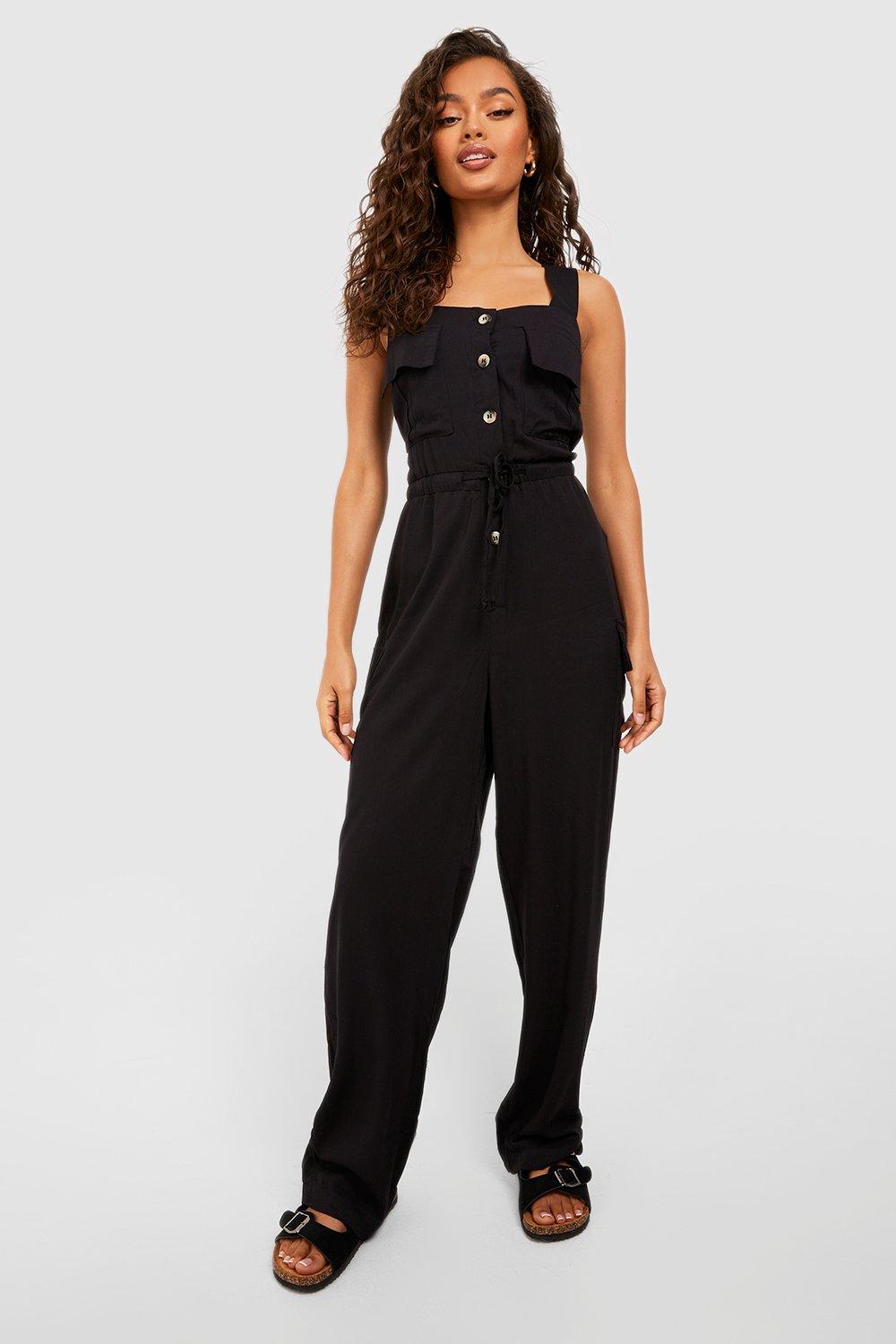 Boohoo Tall Corset Detail Cargo Straight Leg Jumpsuit in Black