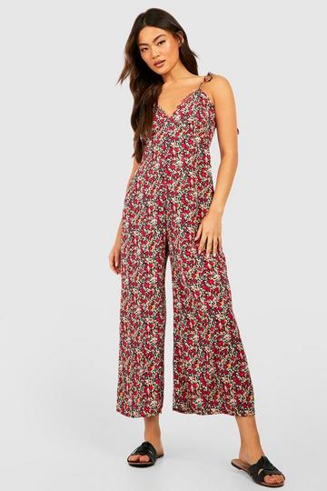 Red Floral Tie Strap Wide Leg Jumpsuit