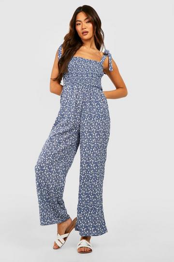 Ditsy Floral Tie Strap Jumpsuit blue