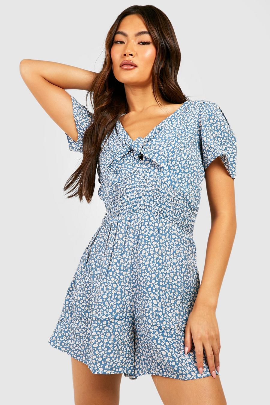 Blue Ditsy Floral Tie Front Romper