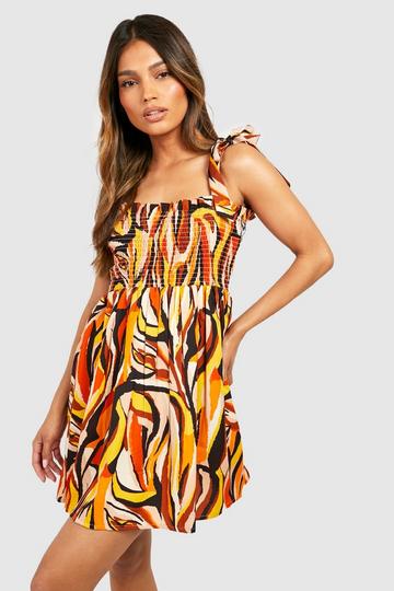 Rust Orange Abstract Print Shirred Smock Dress