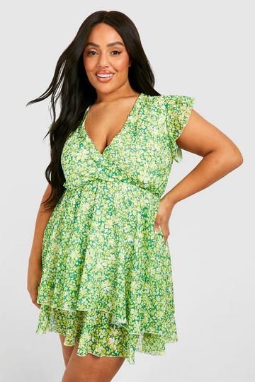 Plus Chiffon Ruffle Skater Dress green