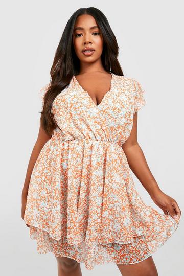 Orange Plus Chiffon Ruffle Skater Dress