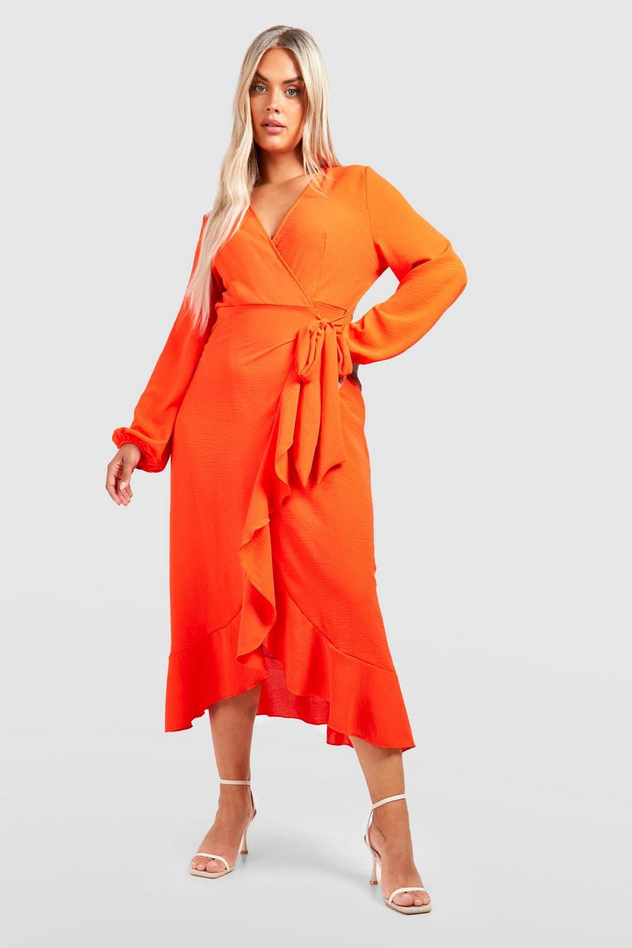 Orange Plus Linen Look Ruffle Wrap Dress image number 1