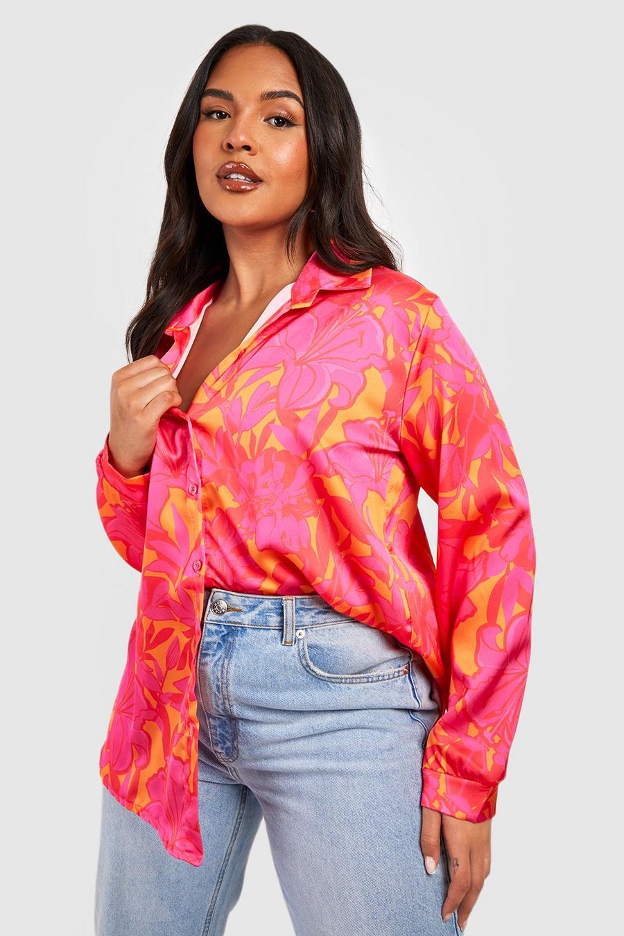 Camicia Plus Size oversize in raso con stampa a fiori, Orange arancio image number 1