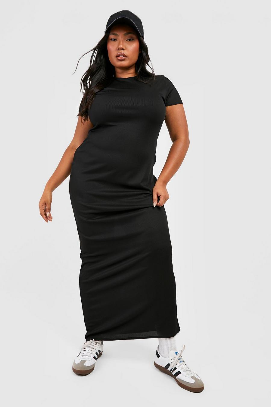 Black Plus Rib Short Sleeve Maxi Dress image number 1