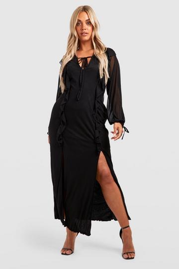 Plus Mesh Ruffle Tie Detail Maxi Dress black