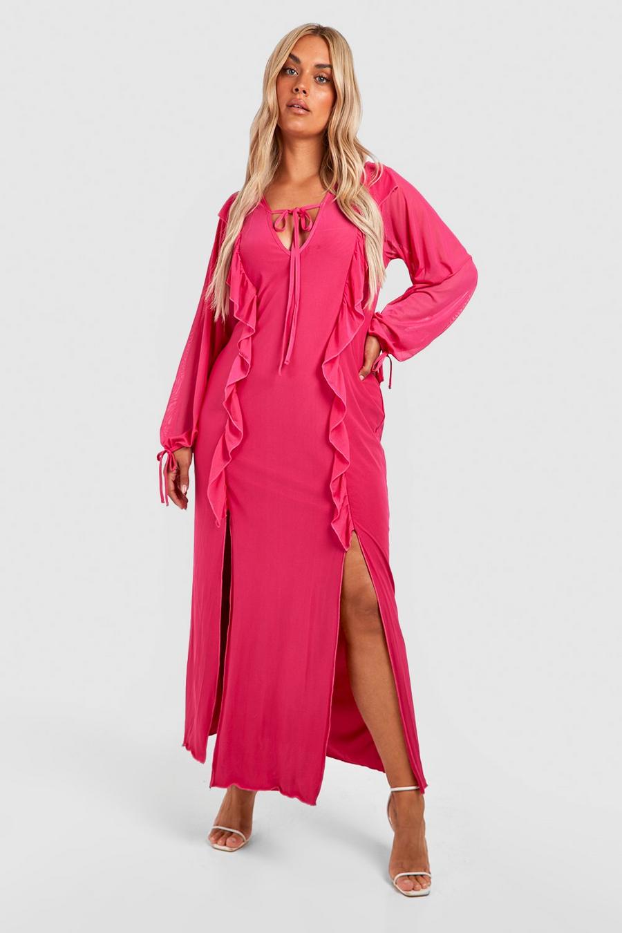 Magenta pink Plus Mesh Ruffle Tie Detail Maxi Dress