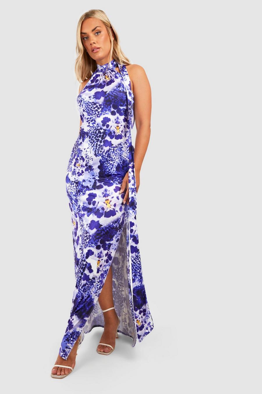 Purple Plus Floral Slinky Halter Drape Detail Midi Dress image number 1