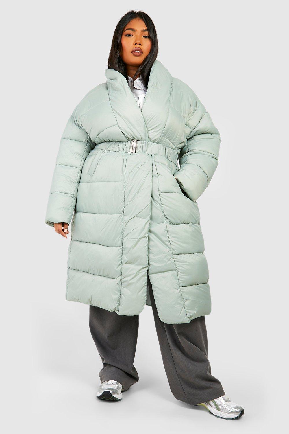 Plus size store belted puffer coat