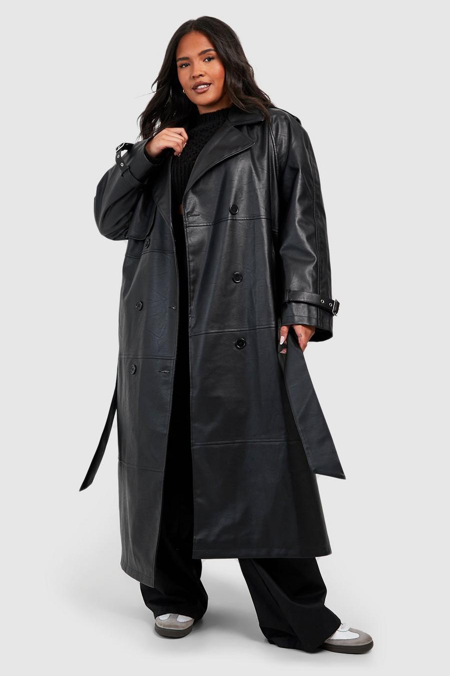 Cappotto Trench Plus Size maxi in pelle sintetica a doppiopetto, Black
