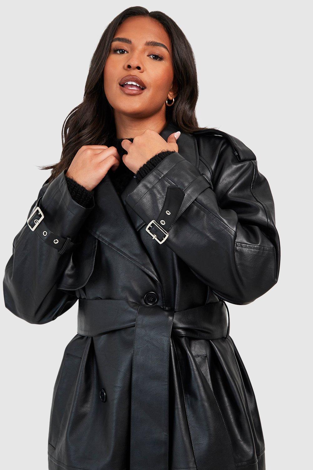 Plus Double Breast Faux Leather Maxi Trench Coat