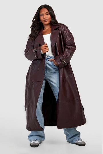 Plus Double Breast Faux Leather Maxi Trench Coat wine