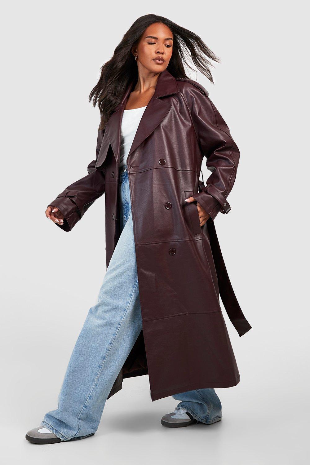 Dark red leather trench coat sale