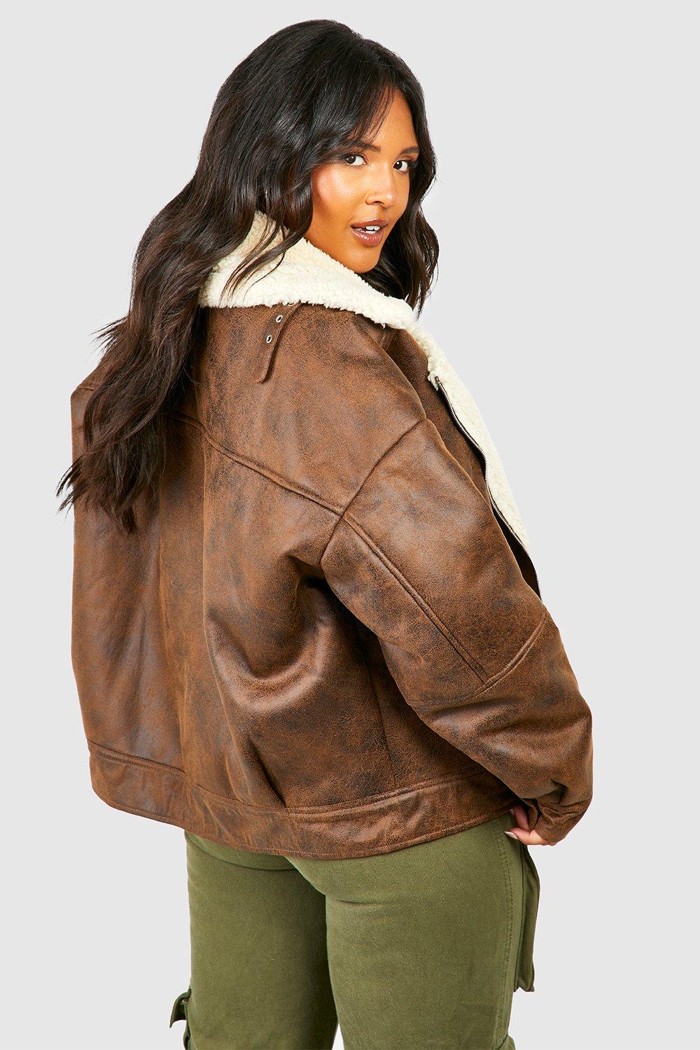 Plus Size Longline Faux Leather Bonded Aviator Coat