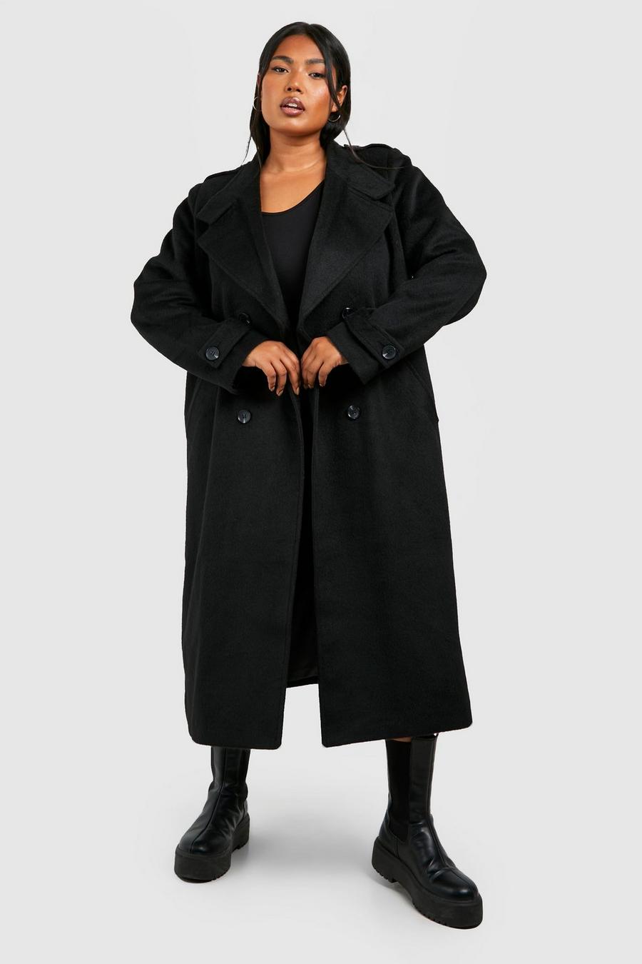 Plus zweireihiger Maxi-Mantel aus Wolle, Black image number 1