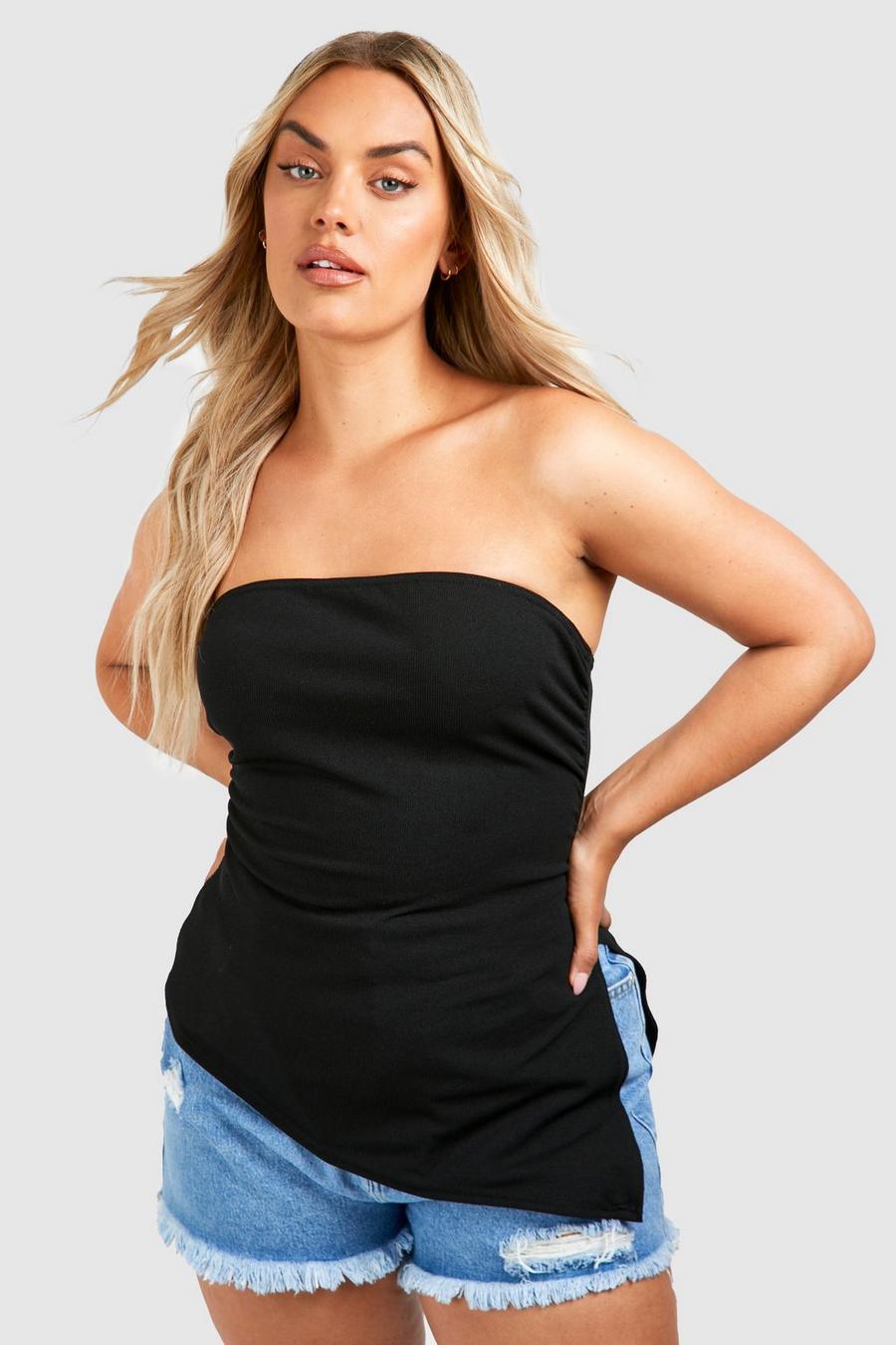 Top a fascia lungo Plus Size a coste con ruches, Black image number 1