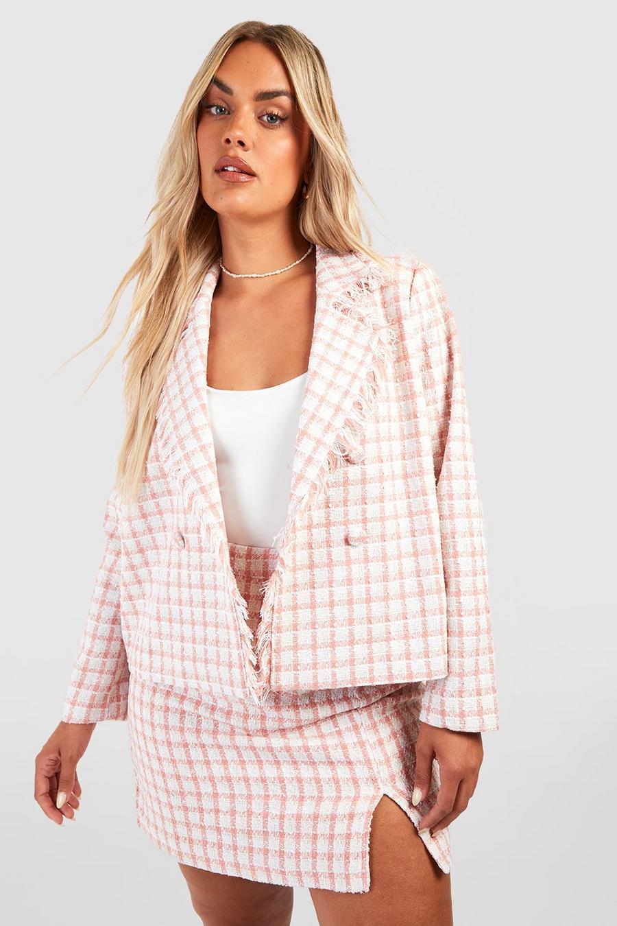 Pink rosa Plus Woven Boucle Collared Button Blazer