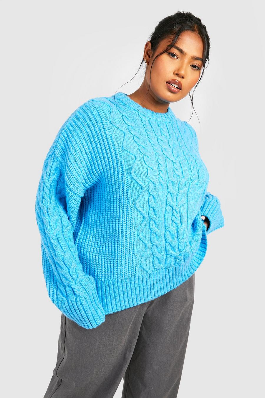 Plus hochgeschlossener Zopfmuster-Pullover, Bright blue