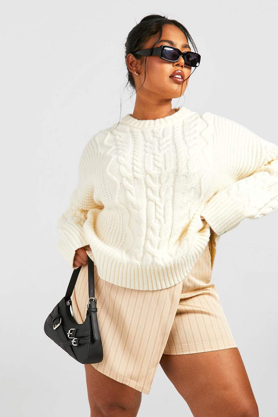 Cream Plus High Neck Chunky Cable Knit image number 1