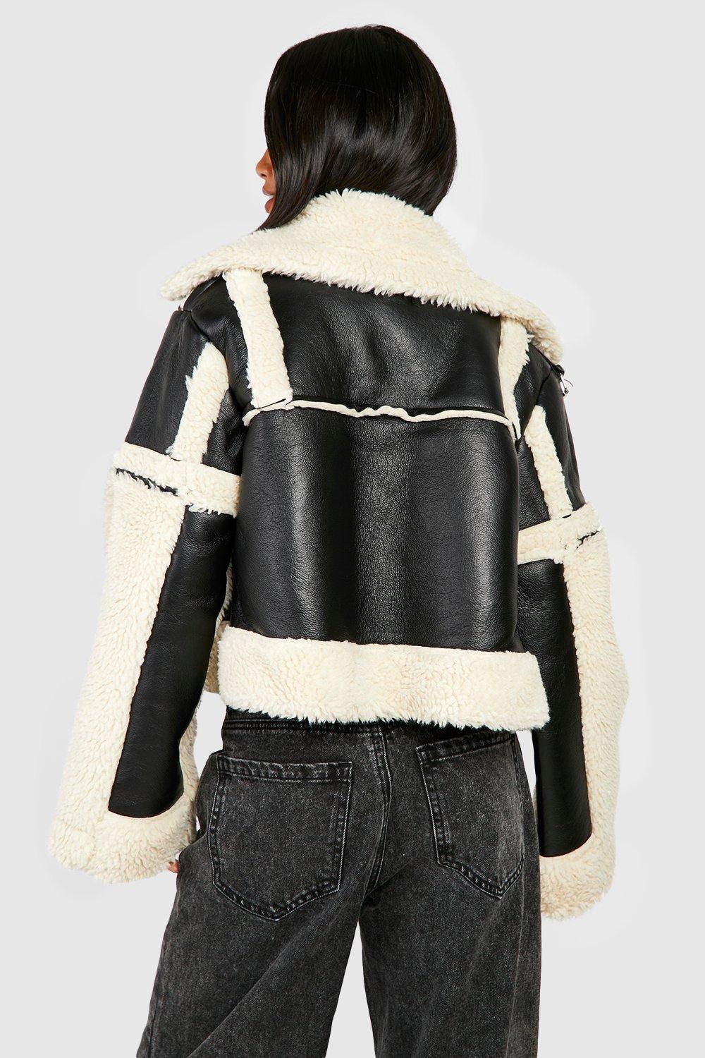 Petite Shearling Trim Cropped Aviator Jacket