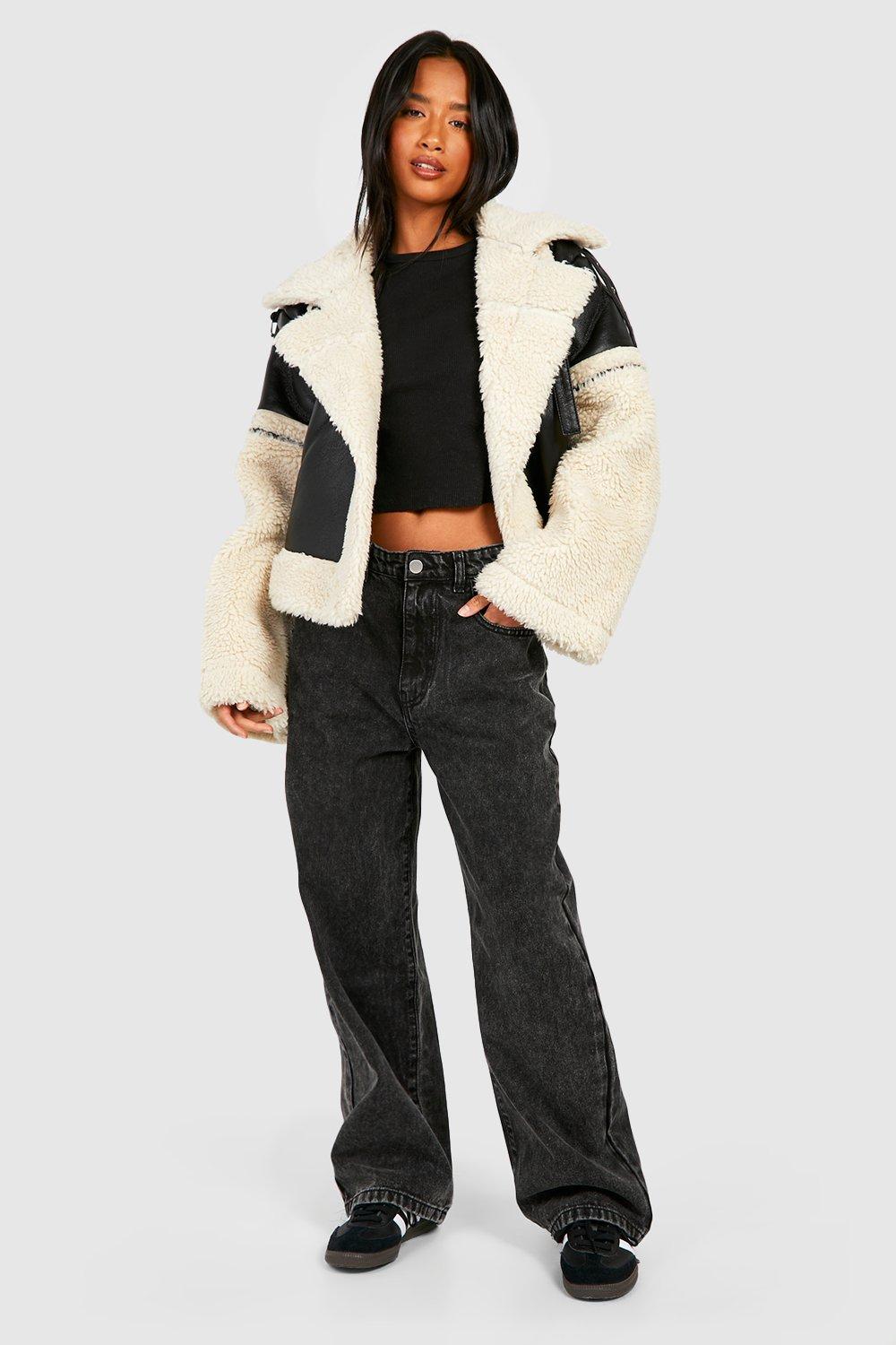 Petite Shearling Trim Cropped Aviator Jacket boohoo USA