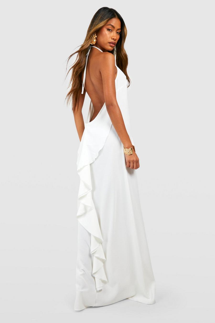 White Cheesecloth Textured Low Back Ruffle Tiered Maxi Dress image number 1