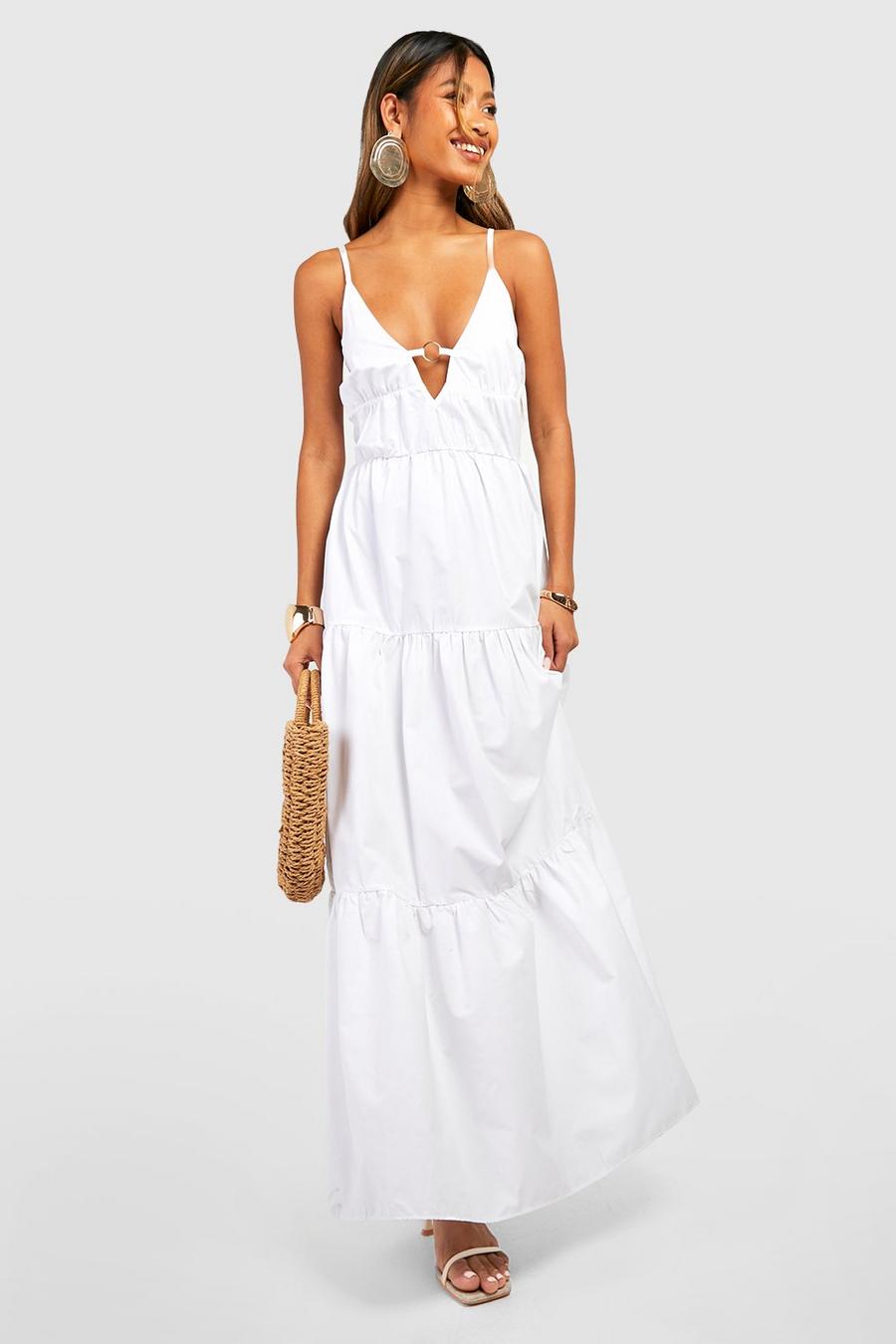 White O Ring Cotton Poplin Tiered Maxi Dress image number 1