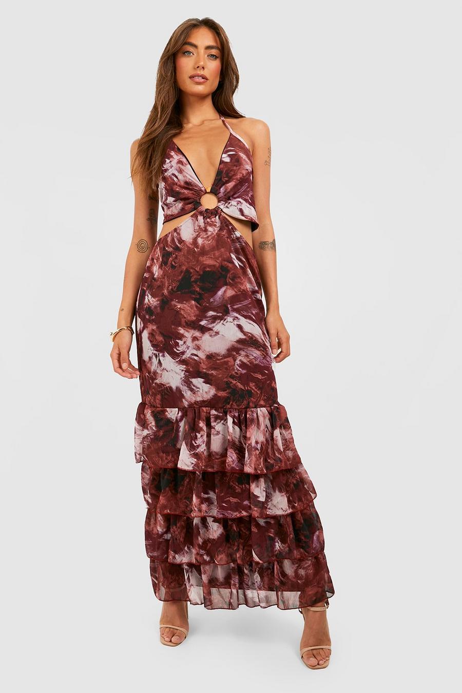 Maroon O Ring Rrinted Tiered Maxi Dress image number 1
