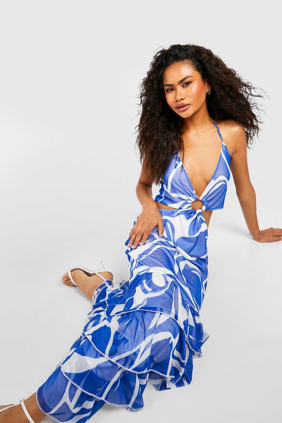 Blue Shell Trim Printed Tiered Maxi Dress image number 1
