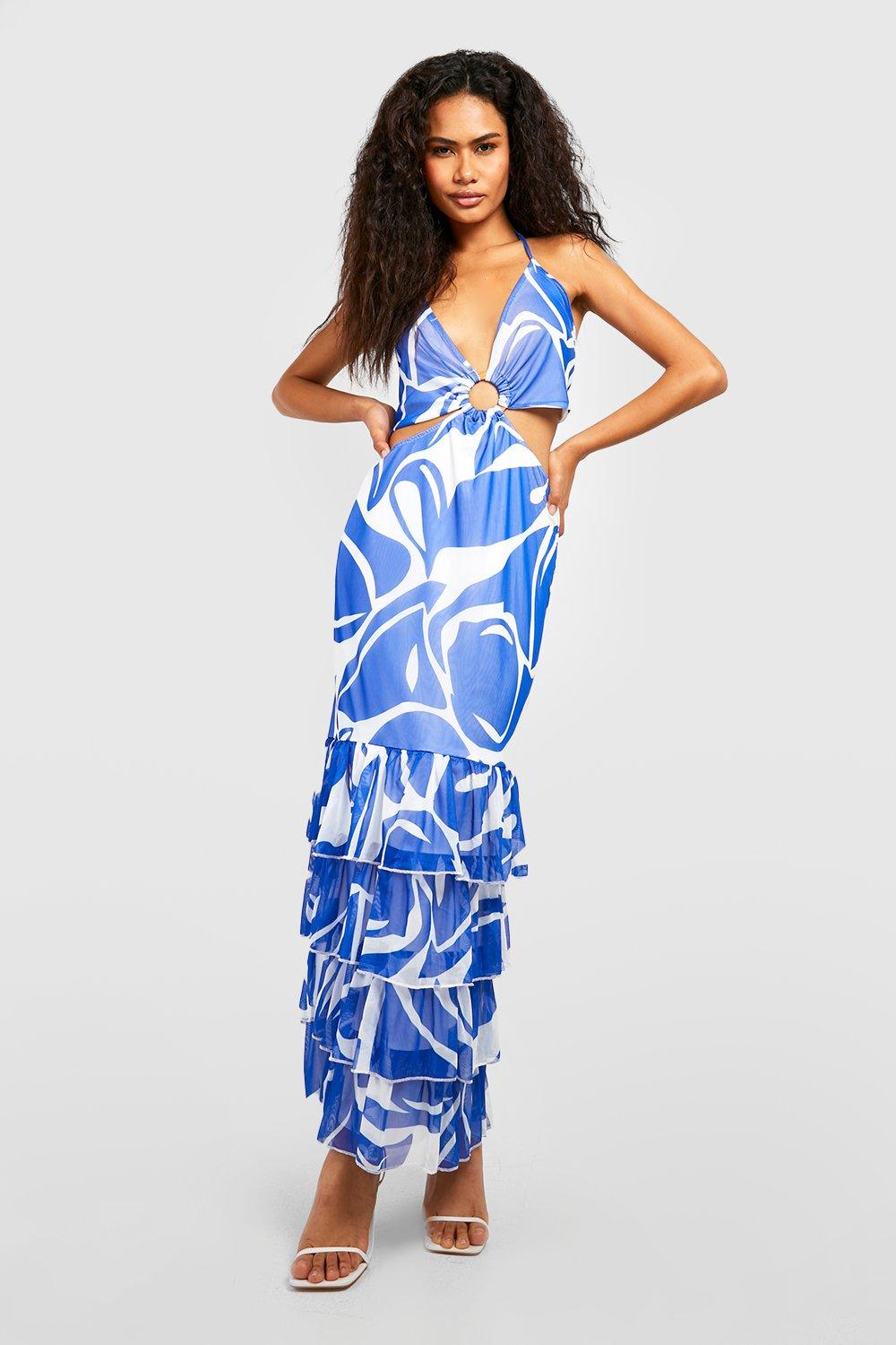 Shell Trim Printed Tiered Maxi Dress boohoo IE