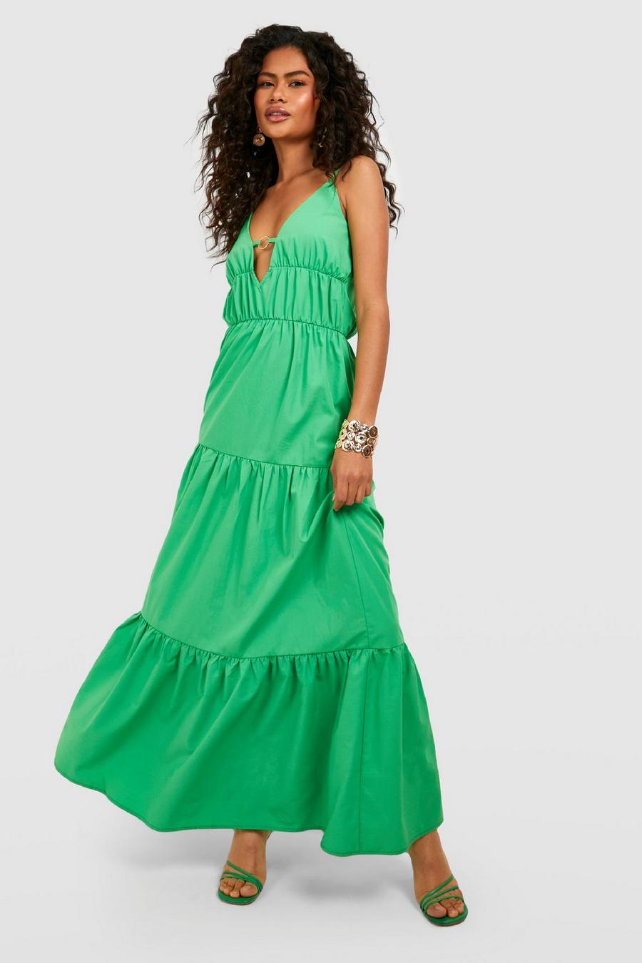 Bright green O Ring Cotton Poplin Tiered Maxi Dress