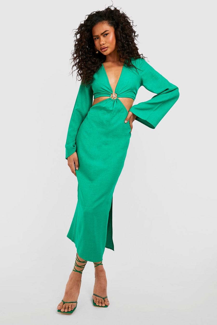 Bright green grün Shell Trim Linen Flare Sleeve Midaxi Dress