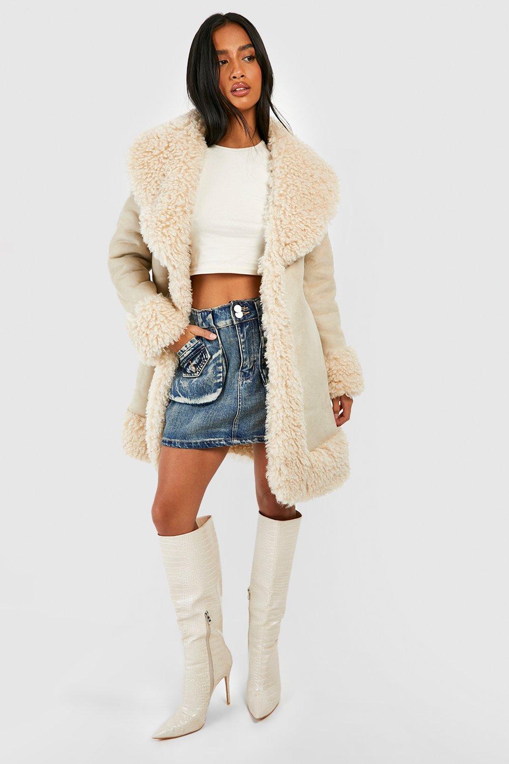 Petite Faux Fur Trim Coat