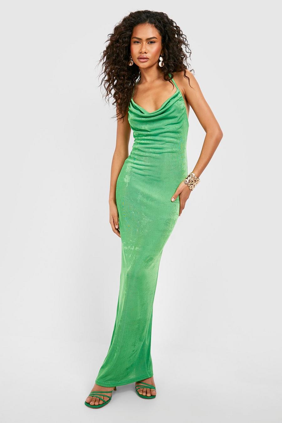 Green Cowl Neck Acetate Slinky Maxi Dress image number 1