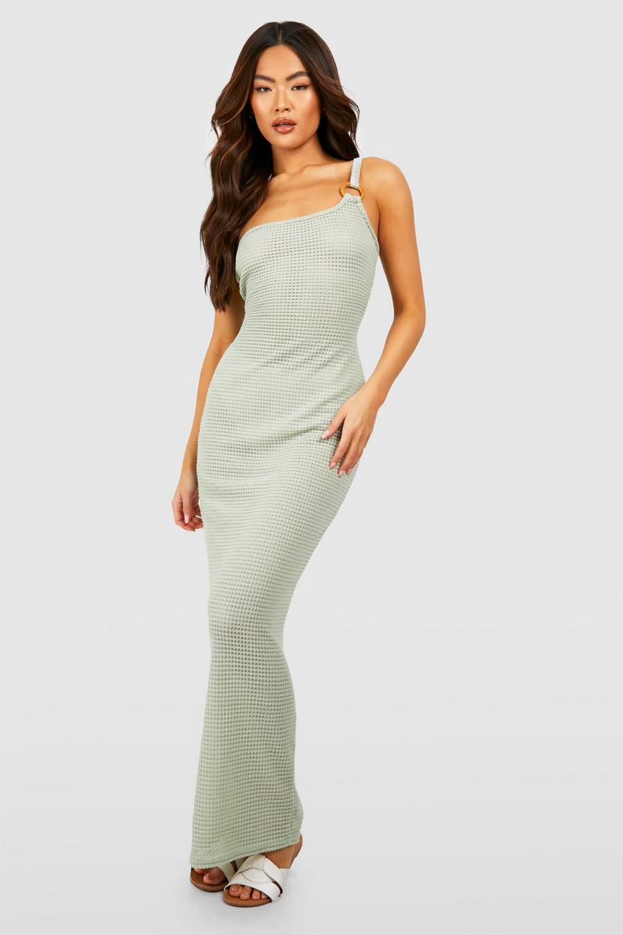 Green One Shoulder O Ring Textured Maxi Dress