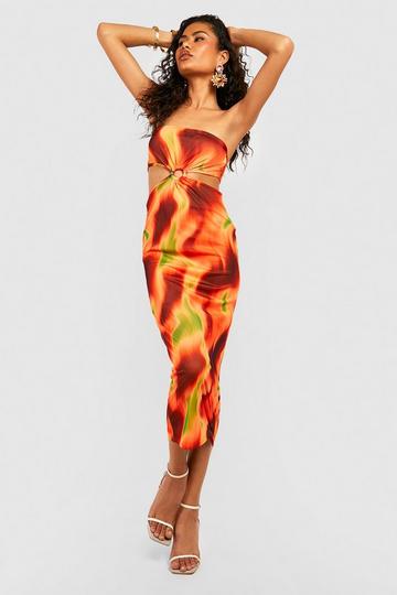 Orange Bandeau O Ring Cut Out Printed Mesh Midaxi Dress