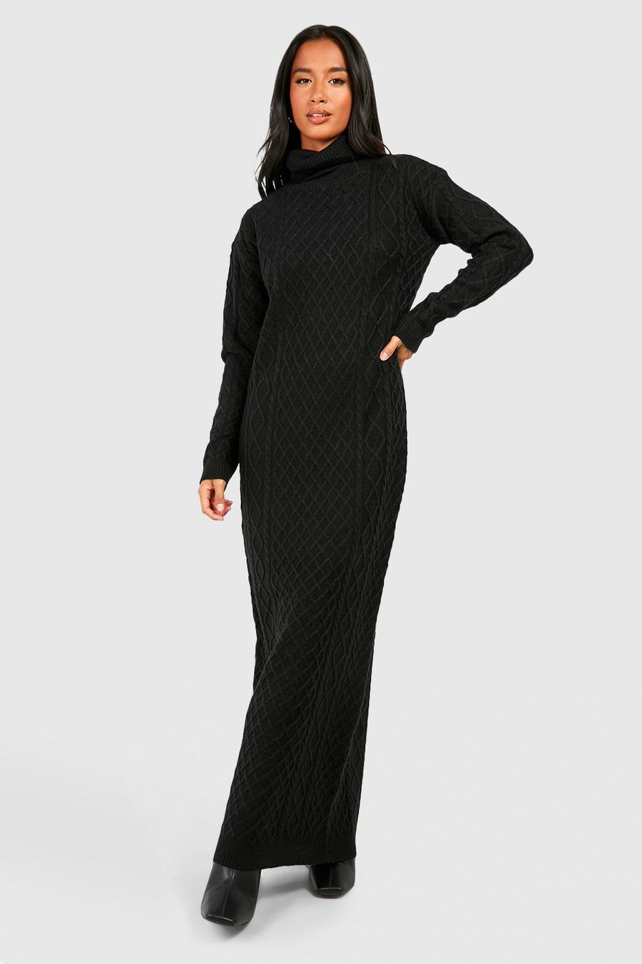 Black Petite Kabelstickad klänning med polokrage image number 1