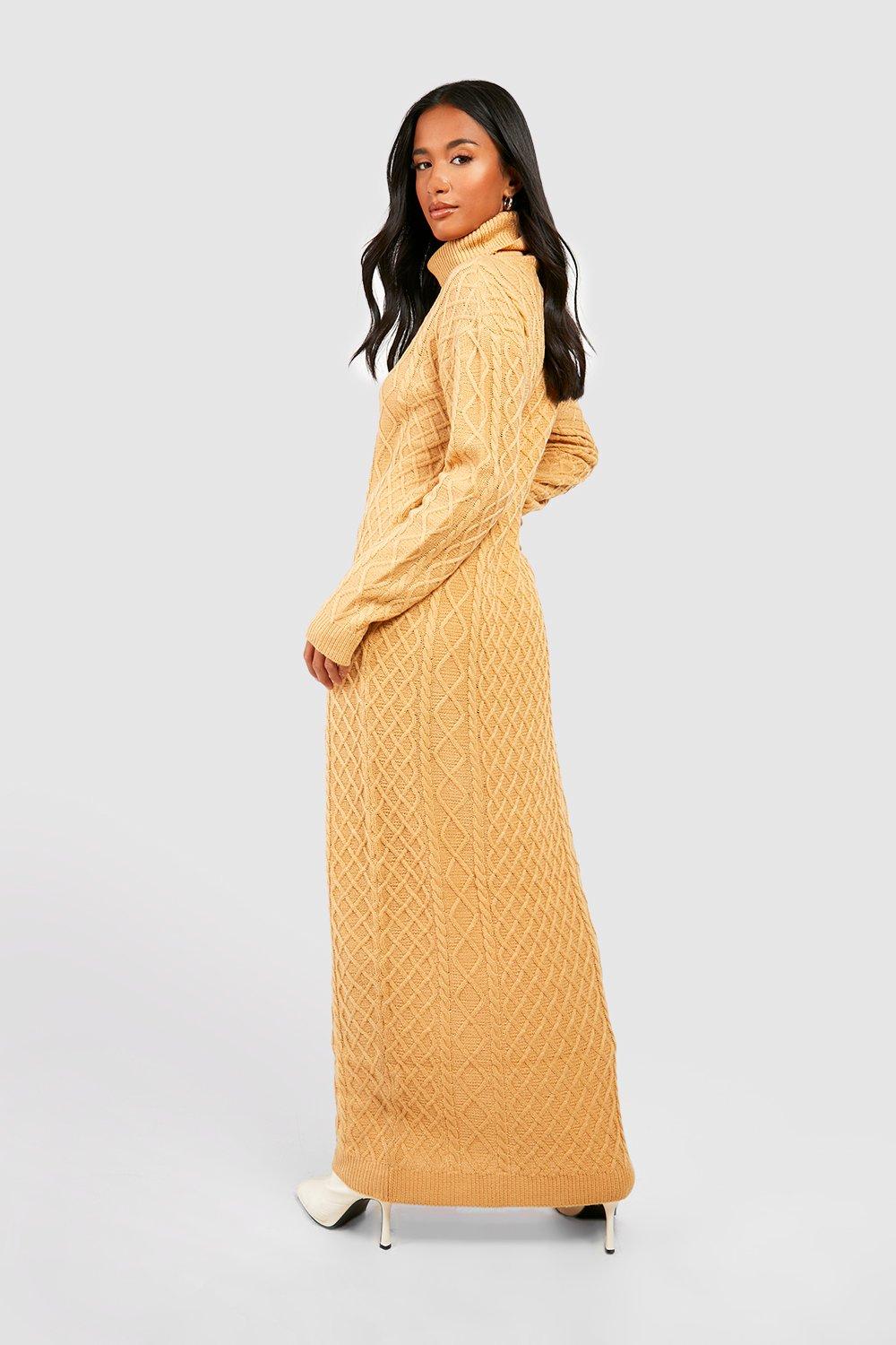 Women s Petite Cable Roll Neck Maxi Jumper Dress Boohoo UK