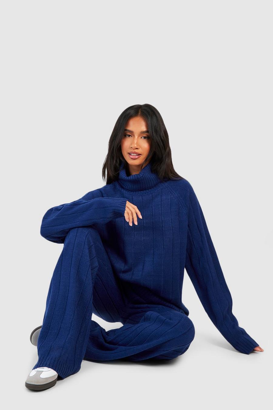 Navy Petite Wide Rib Turtleneck & Pants Knitted Co-Ord image number 1