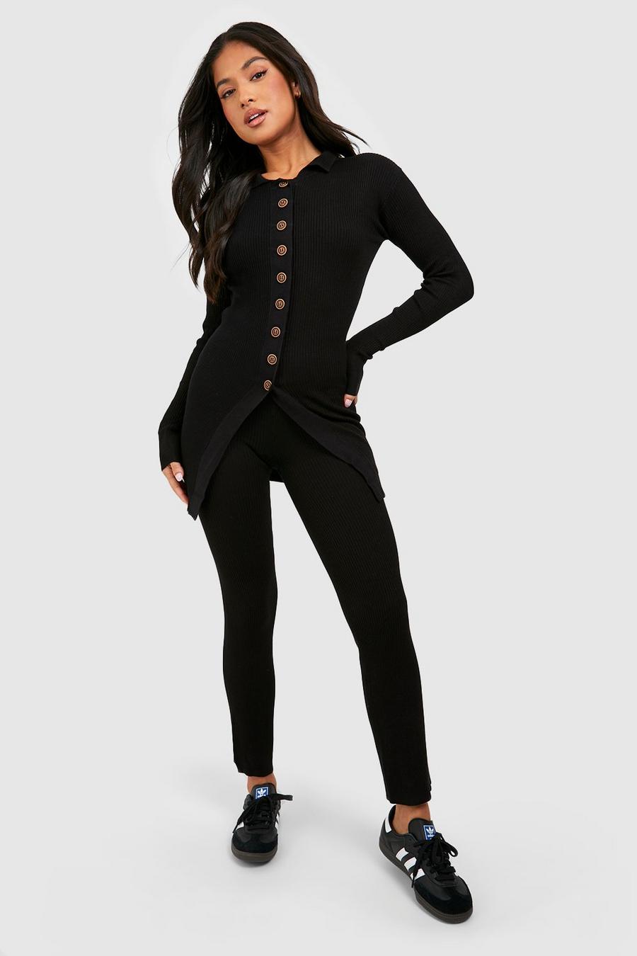 Black Petite Long Cardigan And Wide Leg Knitted Set
