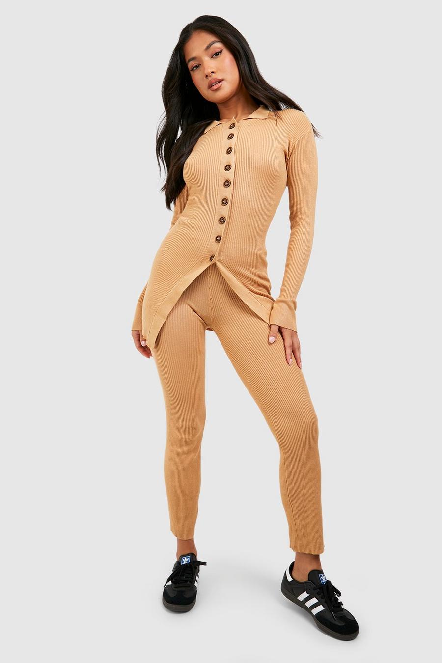 Camel Petite Long Cardigan And Wide Leg Knitted Set image number 1