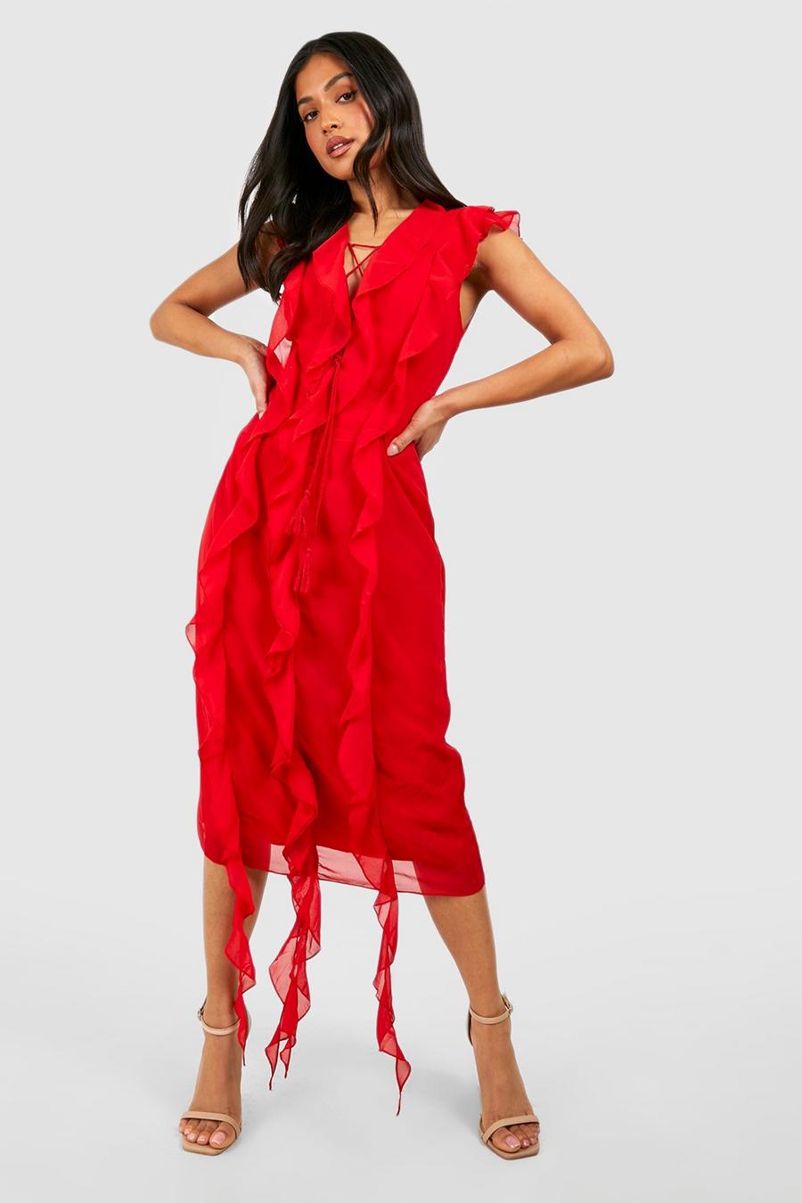 Red röd Petite Chiffon Sleeveless Ruffle Boho Dress