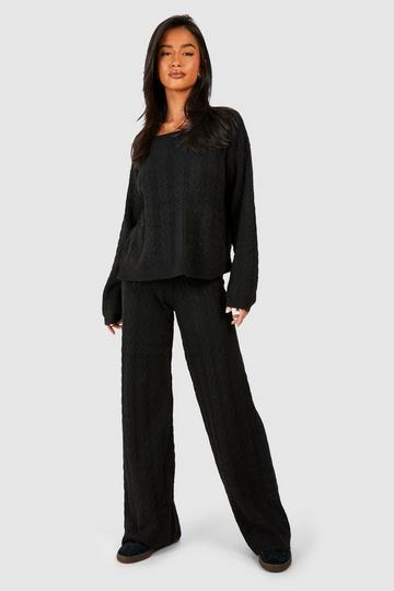 Black Petite Soft Cable Knitted Pants Two-Piece