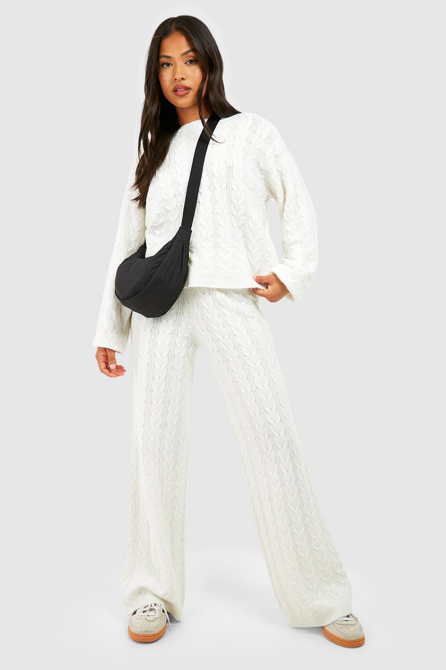 Ecru Petite Soft Cable Knitted Trouser Co-ord  image number 1