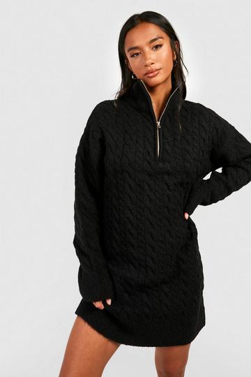 Black Petite Cable Knit Half Zip Sweater Dress